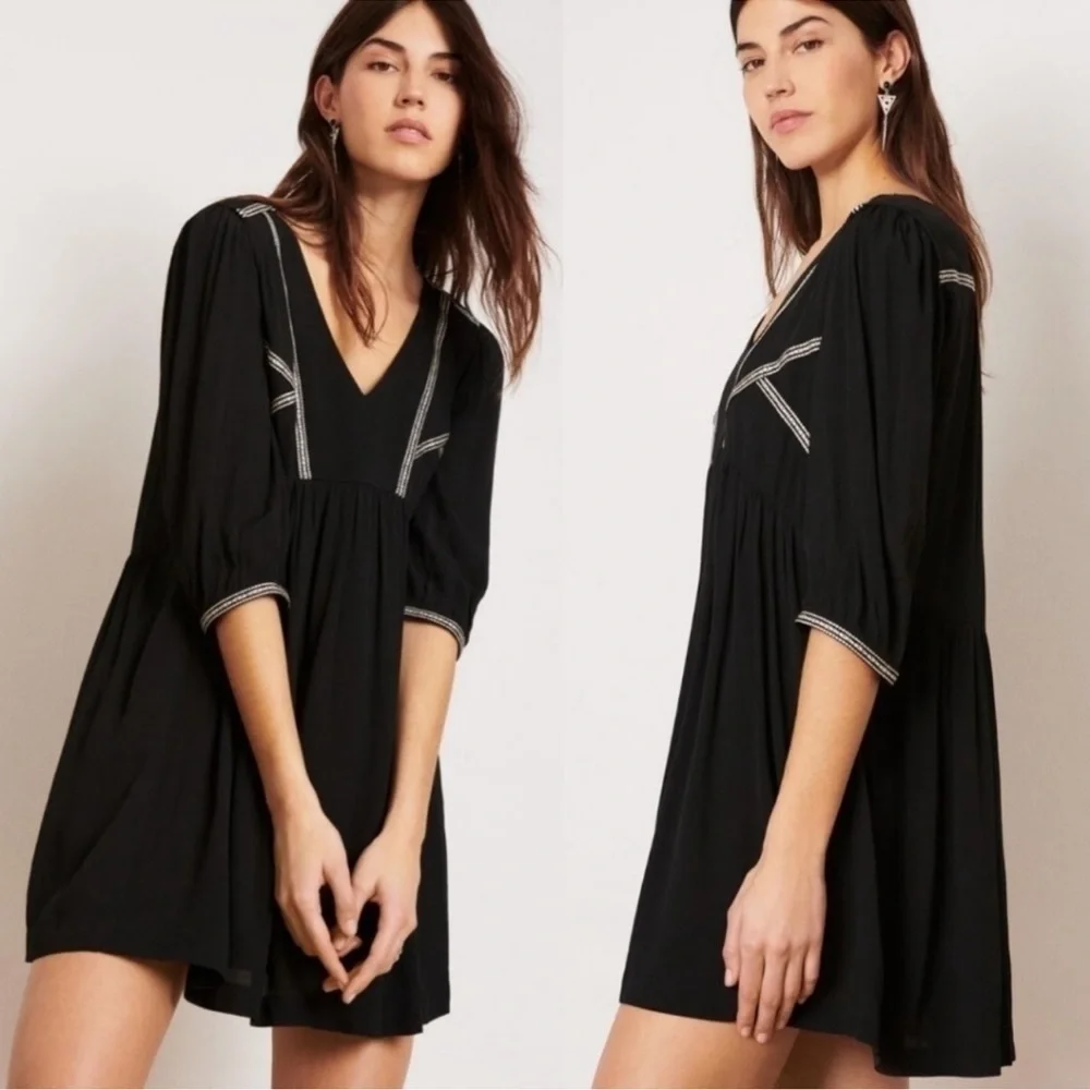 Ba&Sh Dress Alma Boho Embroidered V- Neck Mini Black S